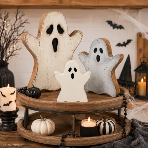 Halloween Ghost Decor Set - Crackle Distressed Wooden Ghosts for Indoor Home Halloween Decorations