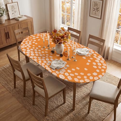 Fall Fitted Tablecloth for 64x44 Inch Oval - Orange Pumpkin Design