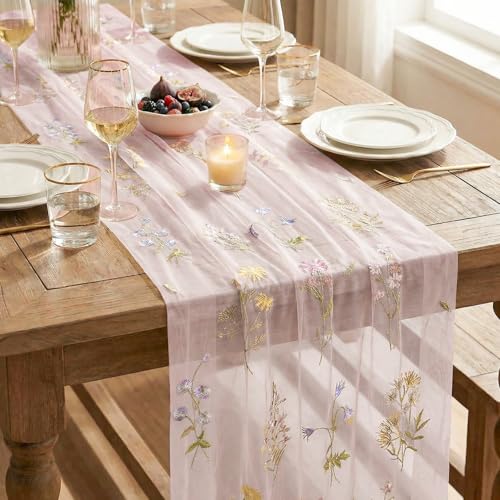 3-Piece Light Pink Floral Gauze Embroidery Table Runner Set - 28 x 120 Inches