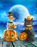 Halloween Indoor Decorations 2-Pack Resin Black Cat & Skeleton Pumpkin Lights