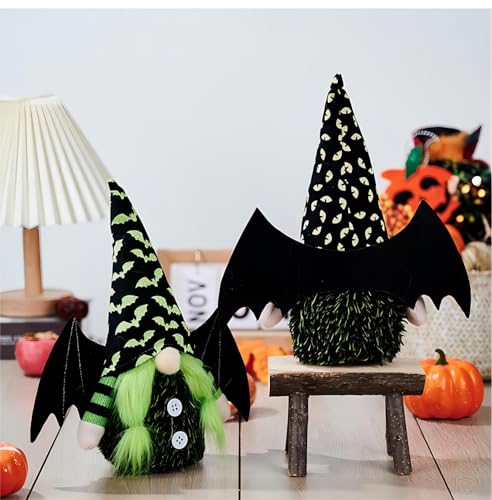 Halloween Bat Wing Gnome Decorations - Set of 2, Green Plush Gnomes with Black Hats - Handmade Holiday Home Decor - Bat Wing Variation