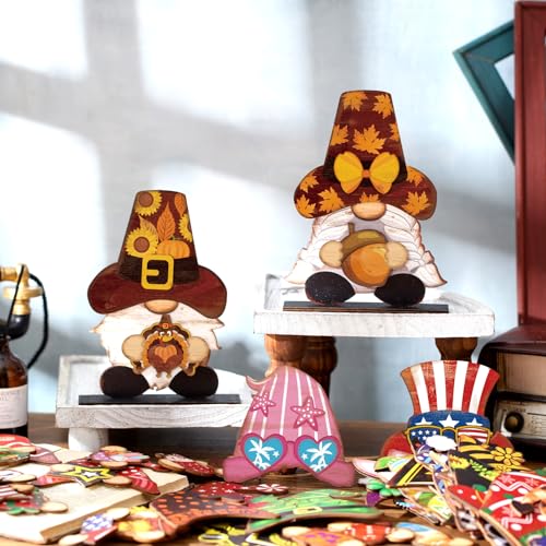 Seasonal Wooden Gnome Decor Set with Interchangeable Hats and Accessories - Farmhouse Holiday Centerpieces