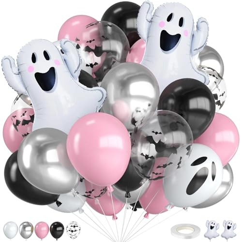 30PC Halloween Balloons Set - Pink Black Silver White Ghost Bat Print with Foil Balloon for Party