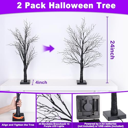 2 Pack Halloween Tree Lights - Purple LED 24-Inch Spooky Decor with Timer & USB