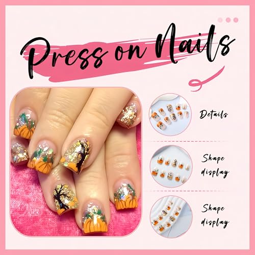 Fall Pumpkin French Tip Press On Nails Short Square Glitter Artificial Nails for Women - Autumn Variation