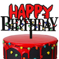 Horror Birthday Cake Topper Acrylic Black & Red Spooky Light Bulb Pattern