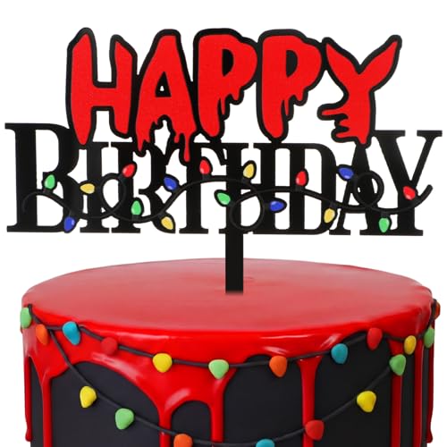 Horror Birthday Cake Topper Acrylic Black & Red Spooky Light Bulb Pattern