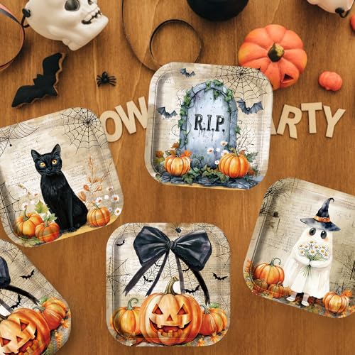 Halloween Vintage Paper Plates Set 60pcs - 9 Inch Disposable Halloween Tableware