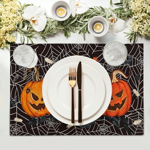 Halloween Placemats Set of 4 - Pumpkin Spider Web Linen Table Mats - Fall Holiday Decor