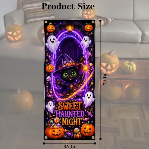 Halloween Door Cover with Cute Black Cat Ghost Pumpkin - Witch Cat Variation