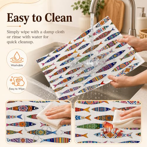 Colorful Fish Linen Placemats Set of 6 - Waterproof Washable Table Mats