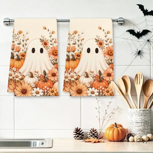 Halloween Kitchen Towels Set - Fall Floral Ghost Dish Hand Towels, 2 Pcs, Variation Towe20