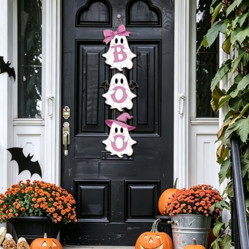 Halloween Pink Ghost Door Sign Decorations - Boo Wreath Hanger with 3 Plaques