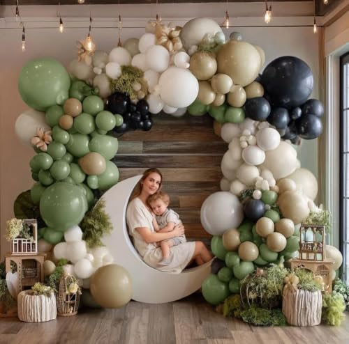 Black Sage Green Balloon Garland Kit - Double Stuffed Olive Green & Nude for Jungle Safari Birthday