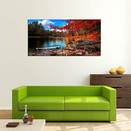 Canvas Wall Art Lake Mountain Red Maple Leaf 56x28 Inch Home Decor