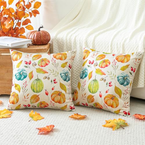Pumpkin & Maple Leaf Fall Throw Pillow Covers Set of 2 - 18x18 Inches