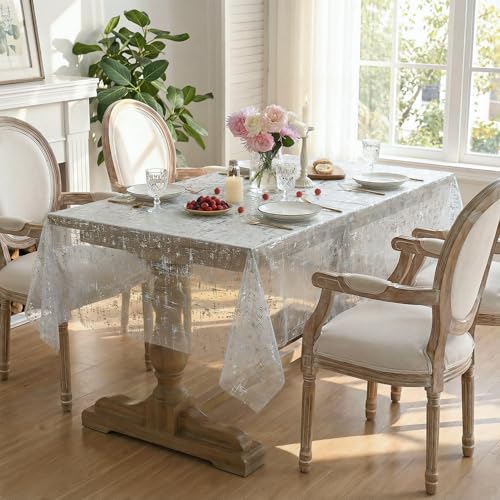 60x60 Inch White Silver Gauze Tablecloth with Silver Star Sequin for Wedding & Party - Sheer Tulle