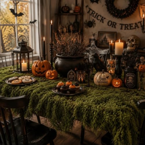 Halloween Enchanted Forest Table Runner Set with Pine Wood Slices & Artificial Moss