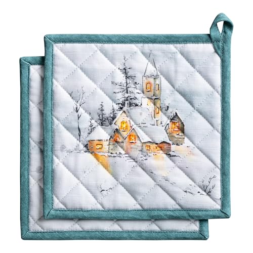 Neige De Noel Pot Holders Set - 8x8 Inch Cotton Holiday Kitchen Accessories - Pack of 2