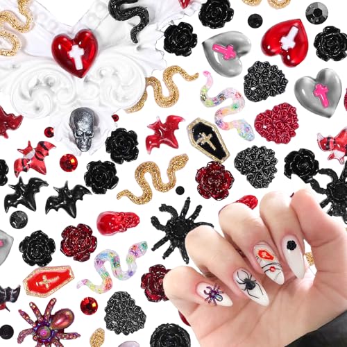 120 Pcs Halloween Nail Charms Set - 3D Resin Ghost Bat Spiders Coffins Decorations