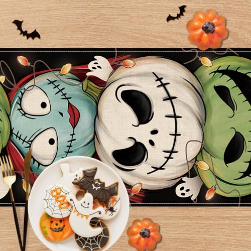 Halloween Jack O Lantern Pumpkin Table Runner - Green Monster, 13x72 inches Variation
