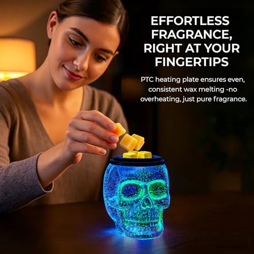 Wax Melt Warmer with 7-Color Rainbow Skull Lights - Halloween Scented Wax Burner with PTC Heating Plate