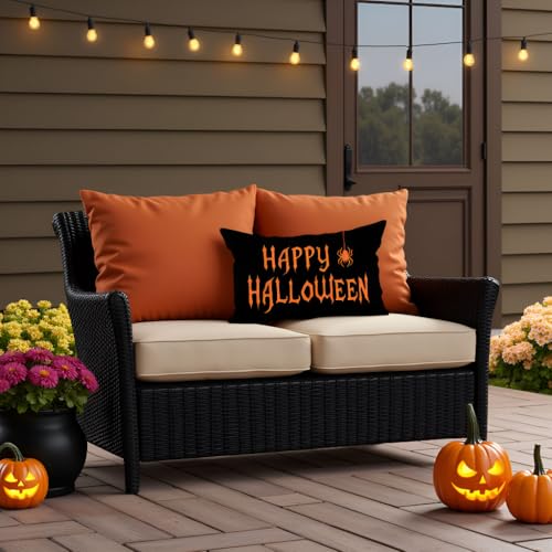 Happy Halloween Throw Pillow Cover 12x20 - Spider Orange & Black - Black Orange Variation