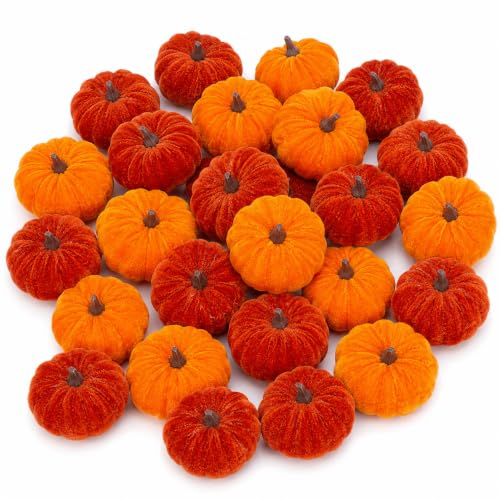 Orange Velvet Artificial Pumpkins Set - 24 Pcs Fall Decor for Thanksgiving & Halloween - Variation of Orange-24 Pcs