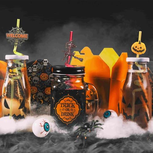 Halloween Glitter Crazy Straws Set - 24pcs with Pumpkins Ghosts & Brushes