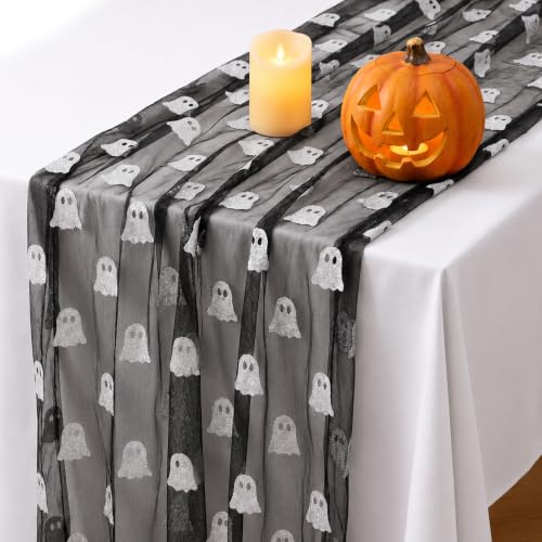 Halloween Mesh Ghost Table Runner 120x29 Inches Black Sheer Gauze with Silver Glitter - Variation: Halloween-1 Pcs