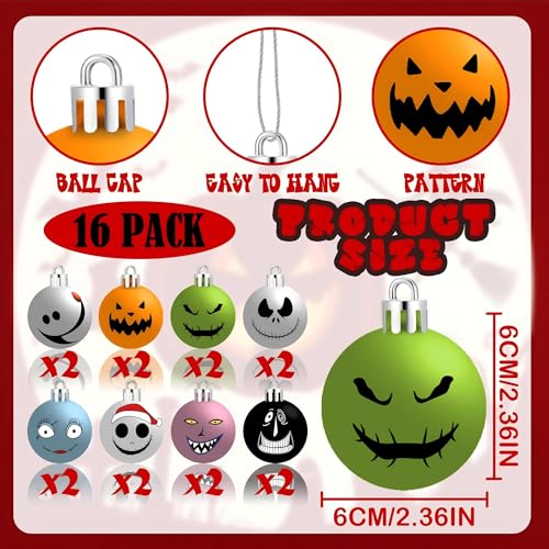 Halloween Christmas Spooky Ornament Set - 16 Plastic Holiday Balls for Tree Decoration
