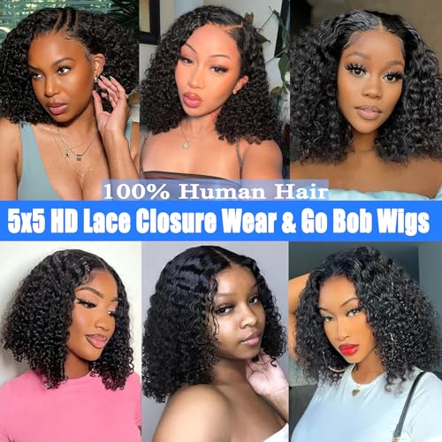 Kerberey Glueless Wigs Human Hair Pre Plucked Pre Cut Wear and Go Bob Wig Human Hair Deep Wave Wigs 5x5 HD Lace Closure Curly Wigs for Black Women Lace Front Glueless Wigs Human Hair 8Inch