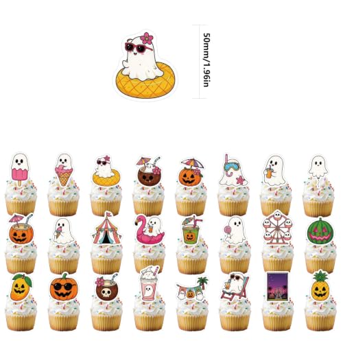 24PCS Halloween Cupcake Toppers Ghost Pumpkin Tropical Party Decorations