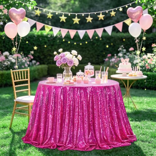 Fuchsia Round Sequin Tablecloth - 132 Inch Glitter Cover for Wedding & Party