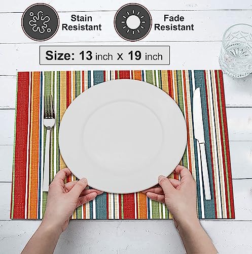 Cotton Placemats Set of 6 - 13x19 Inch Multi Stripe Reversible Table Mats