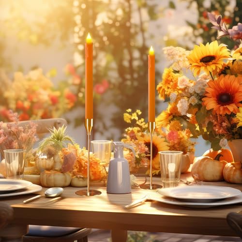Orange Flameless Taper Candles Set - Real Paraffin Wax Flickering Battery-Operated for Thanksgiving & Fall Decor