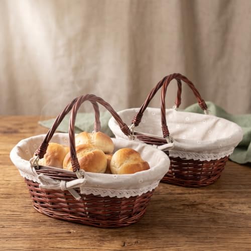 14 Inch Brown Wicker Woven Basket with Linen Lining & Handles - Gift, Picnic, Wedding Decor