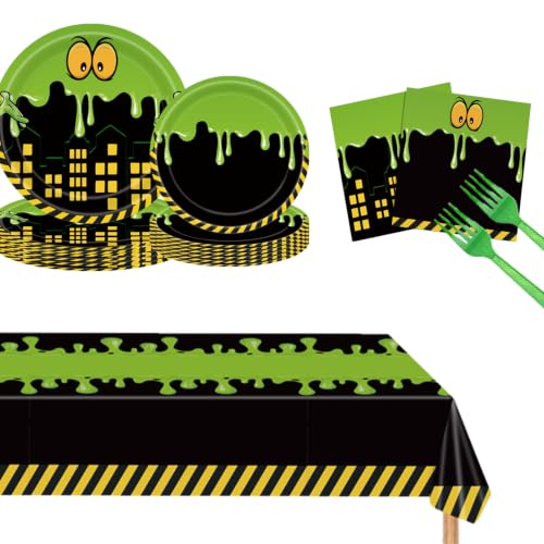 Green 81pcs Halloween Party Plates Set with Tablecloth - Pumpkin & Ghost Design