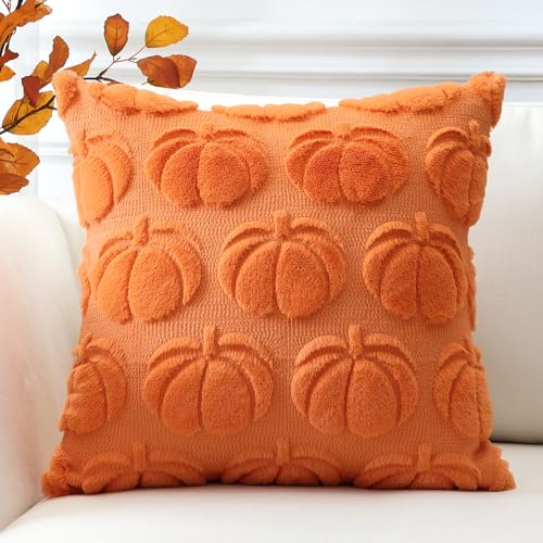 Fall Pumpkin Pillow Cover Set - Orange 16x16 Inch Wool Velvet Sofa Cushion