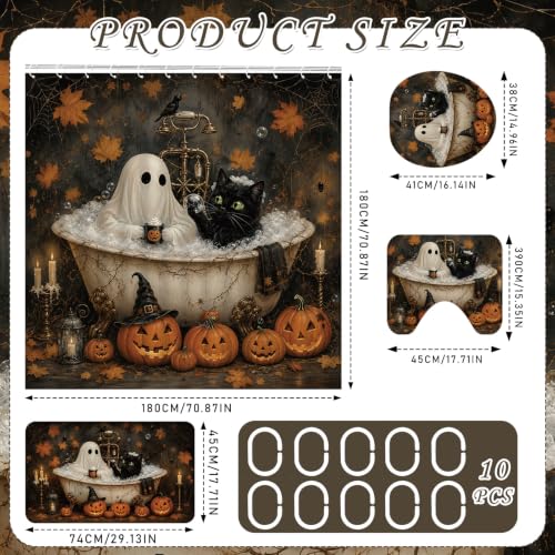 Funny Halloween Bathroom Shower Curtain and Rug Set - Ghost & Cat Scene, 4PCS - InIsaJace