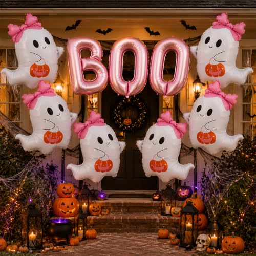 Pink Boo Balloons Halloween Decorations Foil Ghost Balloons - Pink Bow