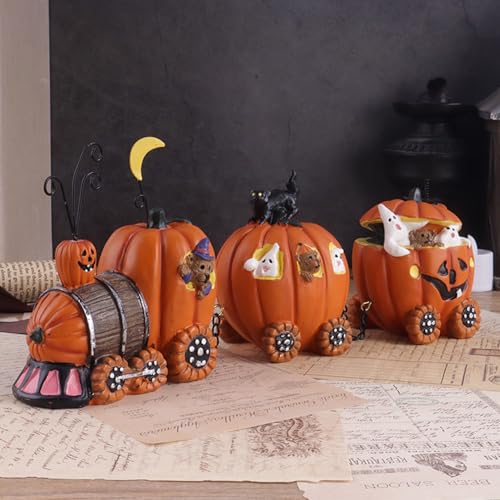 Halloween Pumpkin Train Figurines Resin Decor for Fall and Holiday Display