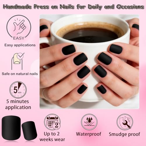 Black Short Square Press On Nails with Glue & Adhesive Tabs - Matte Finish, Reusable