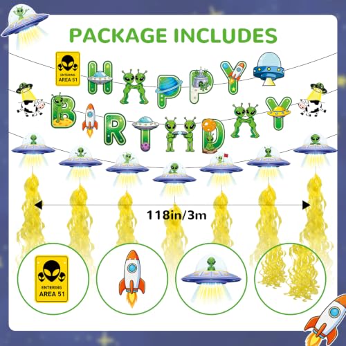 Alien Birthday Party Banner with Hanging Swirls - Space Themed Decorations