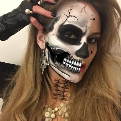Skeleton Face Tattoo Kit for Halloween Costume Makeup - 2 Pairs of Temporary Tattoos with Spider Design