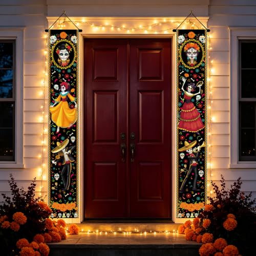 Day of the Dead Door Decorations 2 Pack - Halloween & Fiesta Porch Banners