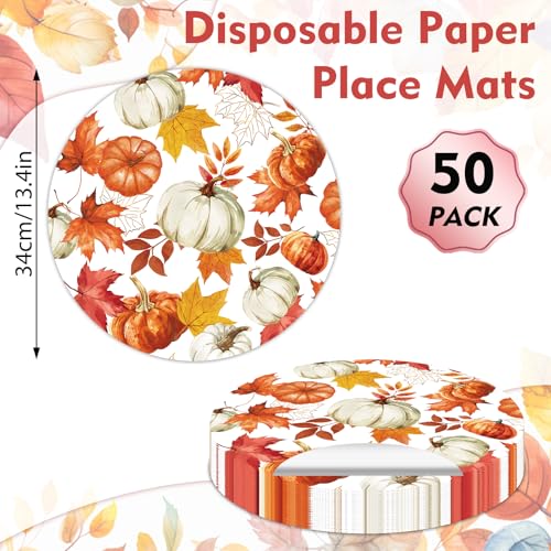 Pumpkin Maple Leaves Fall Placemats 50PCS Autumn Harvest Disposable Round Table Mats for Thanksgiving & Halloween - Pumpkin Leaves Variation