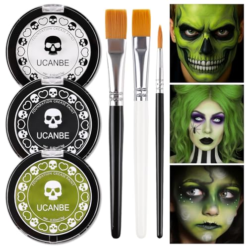 Kids & Adults Halloween Face Paint Set with Brushes - Black White Ogre Green Variation