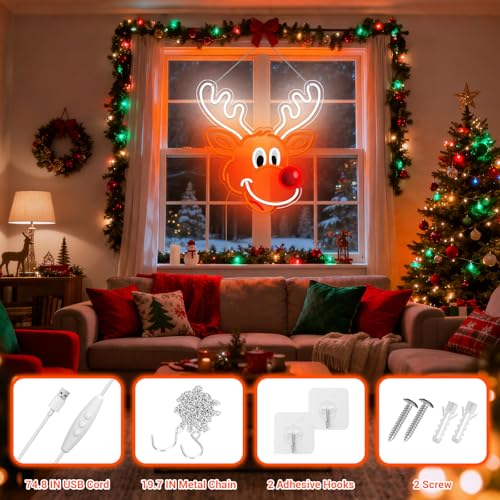 Christmas Elk Neon Window Lights - Indoor Holiday Deer Decor, USB Powered with Accessories