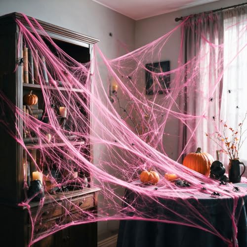 Small Pink Halloween Spider Web Decoration Kit with 12 Fake Spiders - Stretch Cobwebs Indoor Use